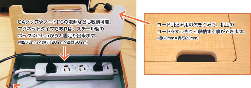 OAタップやノートPCの電源なども収納可能。マグネットタイプであれば、スチール製のボックスにしっかりと固定が出来ます。