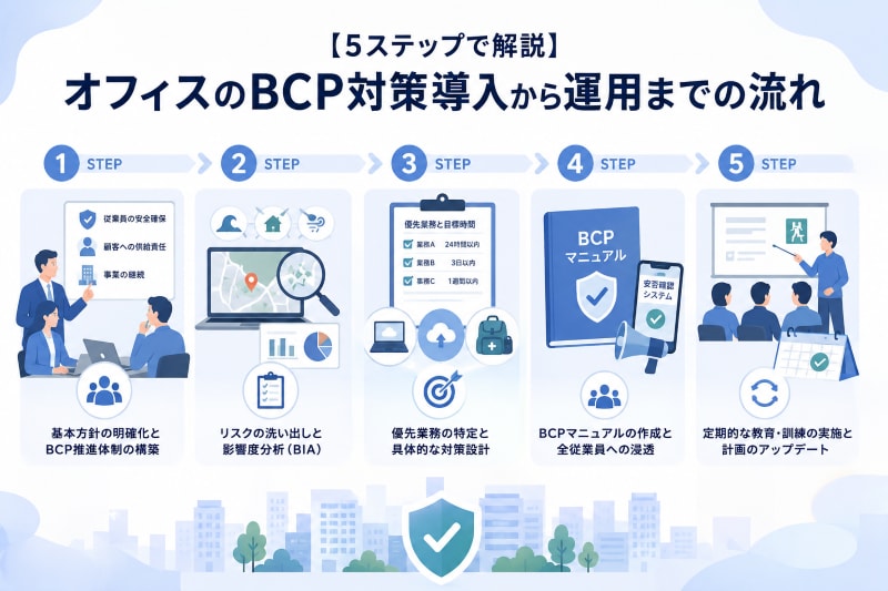 【5ステップで解説】オフィスのBCP対策導入から運用までの流れ