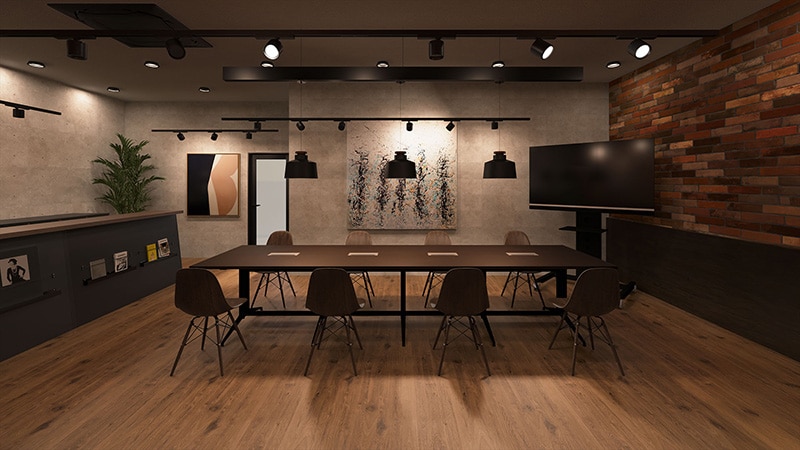 コーディネート事例③：カフェ風デザインのミーティングルームコーディネート
