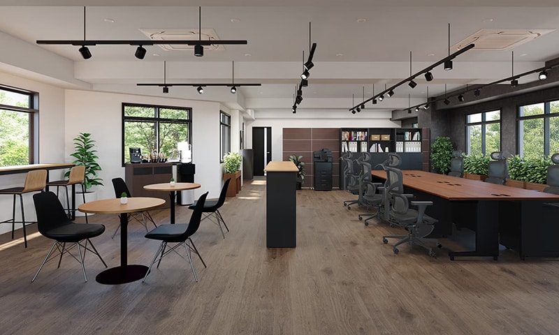 【約30坪・6人用】黒×木目でモダンにデザインしたゆとりあるオフィス