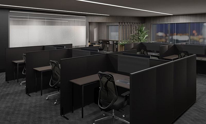 【約40坪・10人用】ローパーテーションで集中力を高めるシックなオフィス