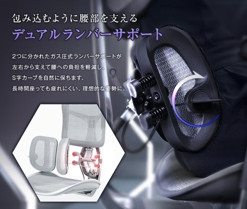 デュアルランバーサポートが腰をしっかりホールドしてくれる