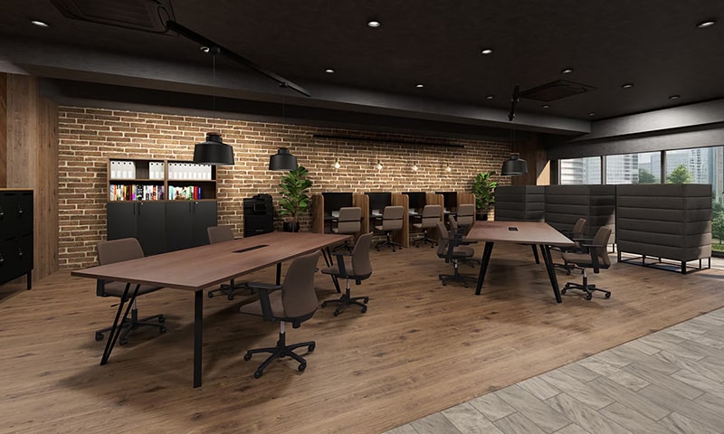 おしゃれで開放的な温もりあふれるカフェ風ワークスペース