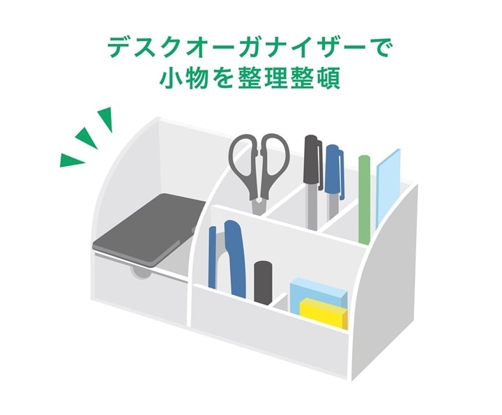 デスクオーがナイザーで小物が整頓されている様子のイラスト