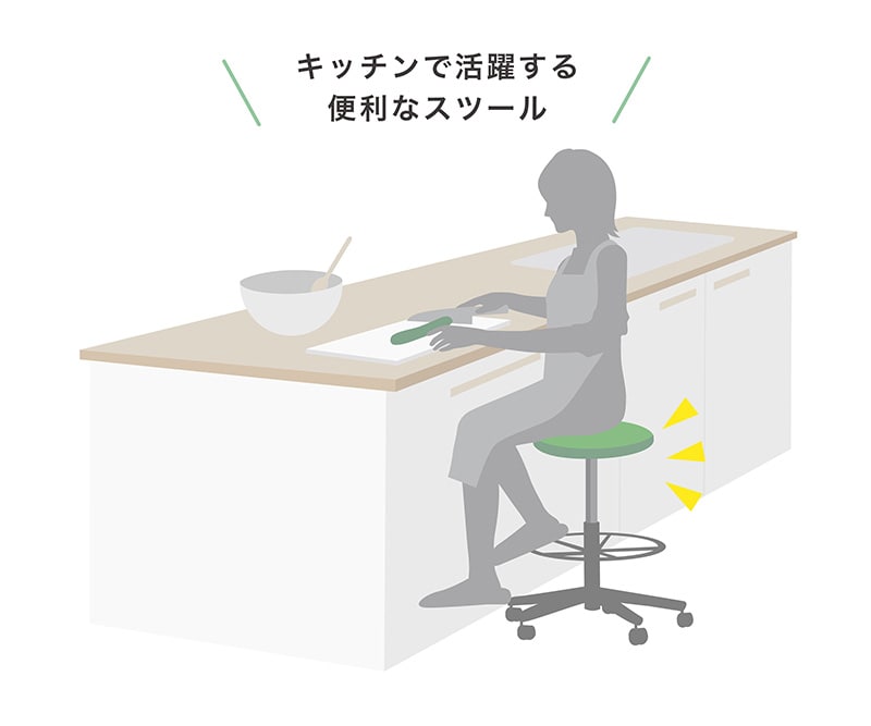 キッチンで座って調理する様子のイラスト