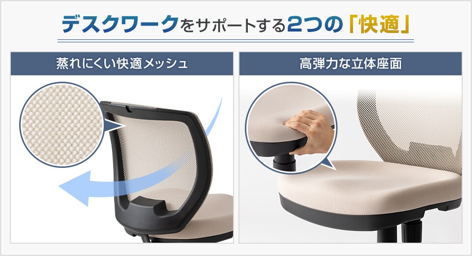 通気性の良い背もたれと高弾力の座面