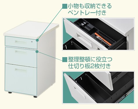 整理に便利な仕切り板とペントレー付き