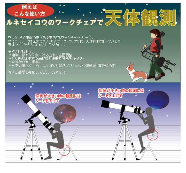 アメリカやオーストラリアでは、天体観測向けイスとして天体ファンから広く認知されております。