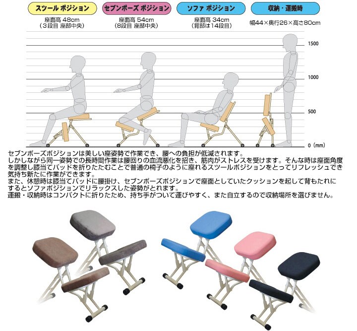 セブンポーズポジションは美しい座姿勢で作業でき、腰への負担が低減されます。