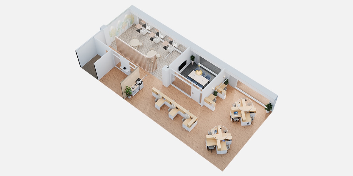 【50坪・13人用】没入感を叶える固定席向けオフィスレイアウト