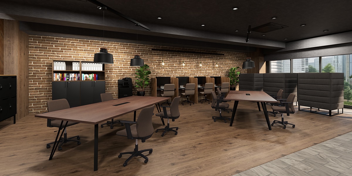 【約50坪・15人用】おしゃれで開放的な温もりあふれるカフェ風オフィスレイアウト