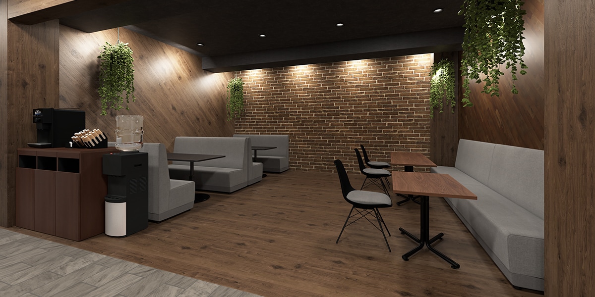 【約50坪・15人用】おしゃれで開放的な温もりあふれるカフェ風オフィスレイアウト