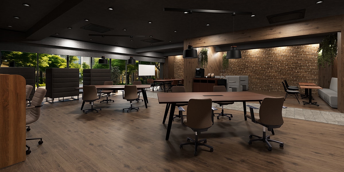 【約50坪・15人用】おしゃれで開放的な温もりあふれるカフェ風オフィスレイアウト