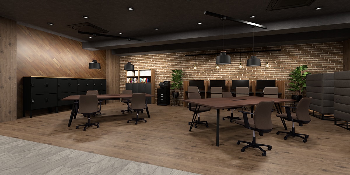 【約50坪・15人用】おしゃれで開放的な温もりあふれるカフェ風オフィスレイアウト