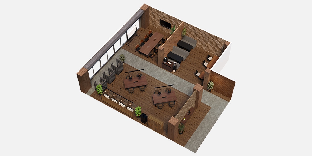 【約50坪・15人用】おしゃれで開放的な温もりあふれるカフェ風オフィスレイアウト