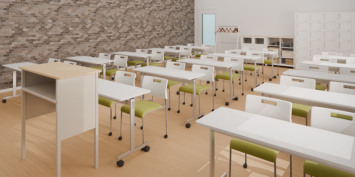 【17坪・20人用】スタッキングテーブルを用いたおしゃれな塾レイアウト