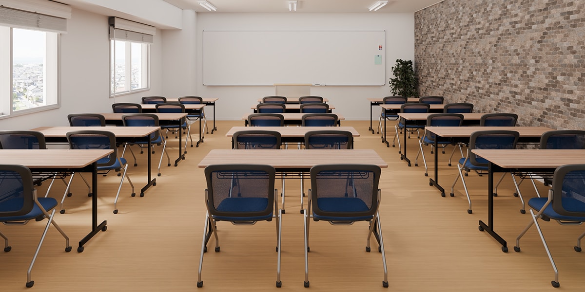 【17坪・20人用】スタッキングテーブルを用いたおしゃれな塾レイアウト