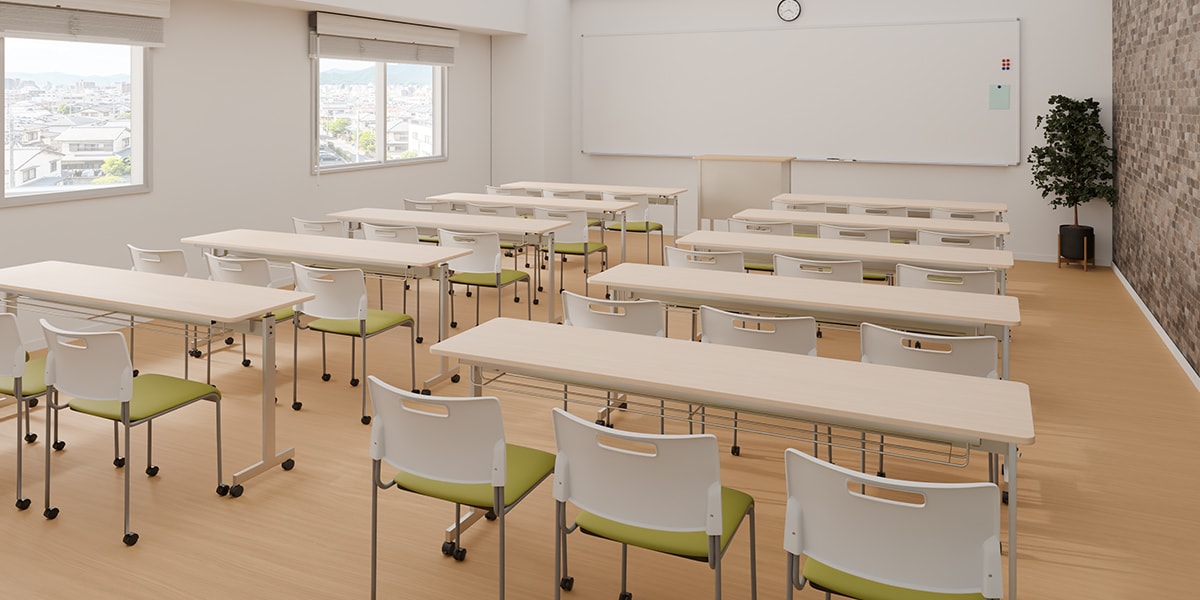 【17坪・20人用】スタッキングテーブルを用いたおしゃれな塾レイアウト