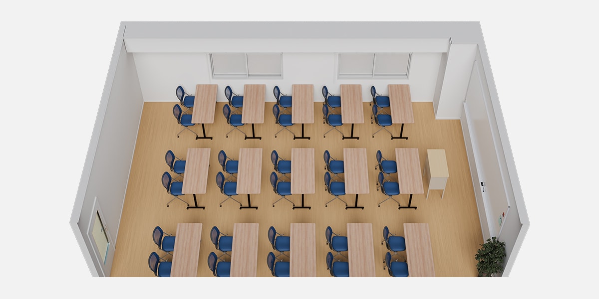 【17坪・20人用】スタッキングテーブルを用いたおしゃれな塾レイアウト