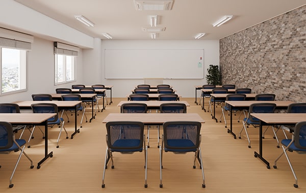 【17坪・20人用】スタッキングテーブルを用いたおしゃれな塾レイアウト