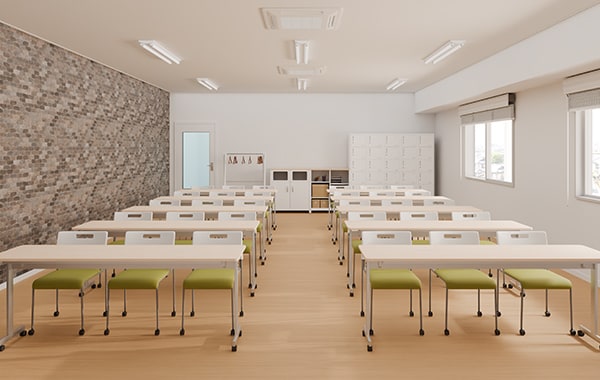 【17坪・20人用】スタッキングテーブルを用いたおしゃれな塾レイアウト