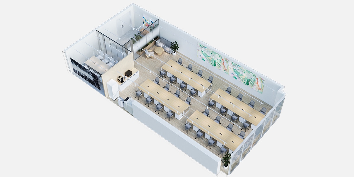 【約45坪・32人用】開放感と温もりが心地よく調和するナチュラルモダンオフィス