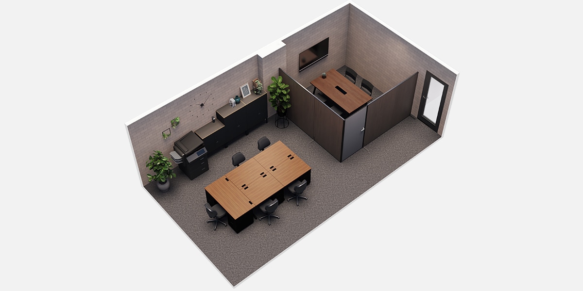 【約10坪・5人用】落ち着きがある、ダークトーンの小規模おしゃれオフィス