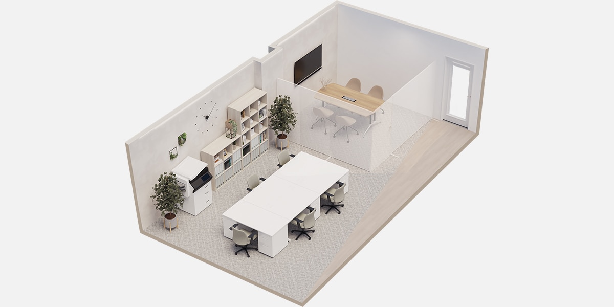 【約12坪・5人用】小規模でもおしゃれで広々と見える、白基調のオフィスレイアウト