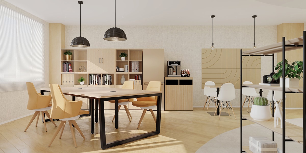 【15坪・6人用】木の優しさとモダンなテイストが溶け合うカフェ風オフィスデザイン