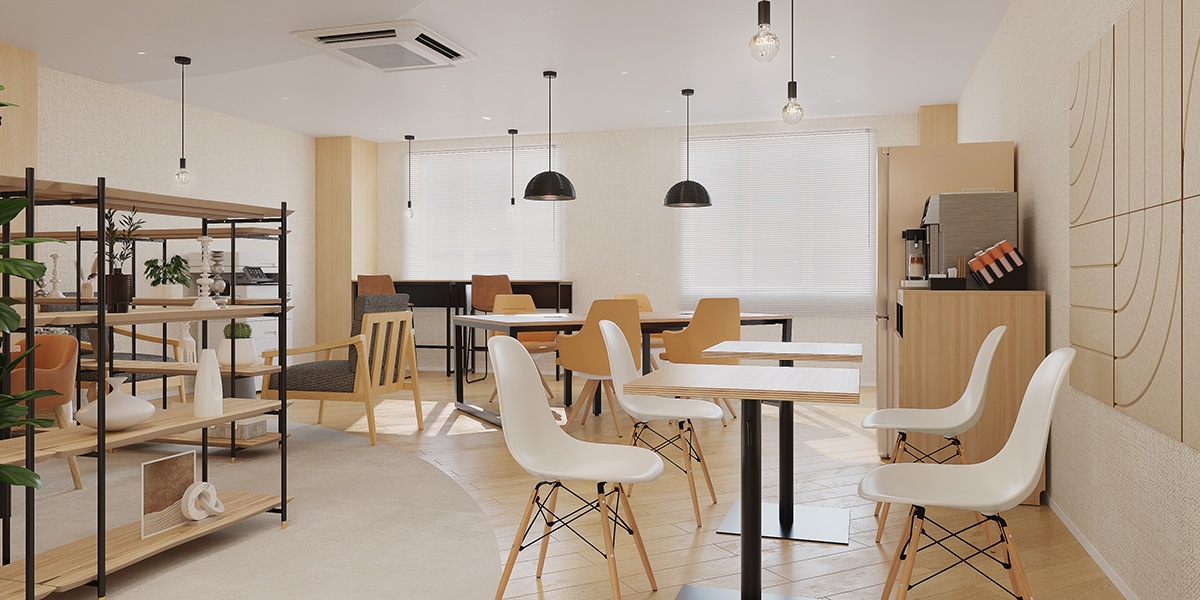 【15坪・6人用】木の優しさとモダンなテイストが溶け合うカフェ風オフィスデザイン