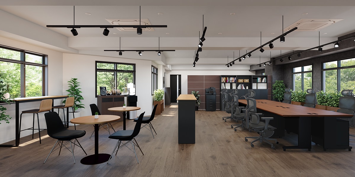 【約30坪・6人用】黒×木目でモダンにデザイン。のびのび働くゆとり設計の小規模オフィス