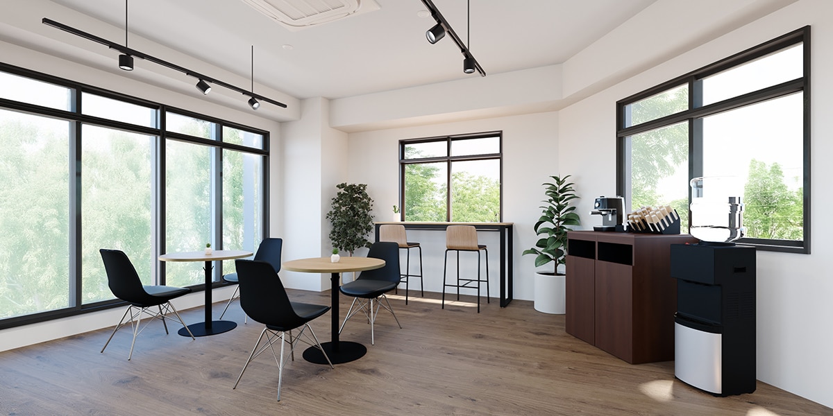 【約30坪・6人用】黒×木目でモダンにデザイン。のびのび働くゆとり設計の小規模オフィス