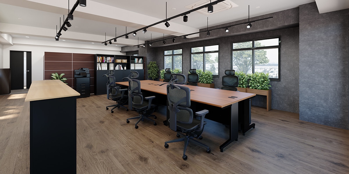 【約30坪・6人用】黒×木目でモダンにデザイン。のびのび働くゆとり設計の小規模オフィス