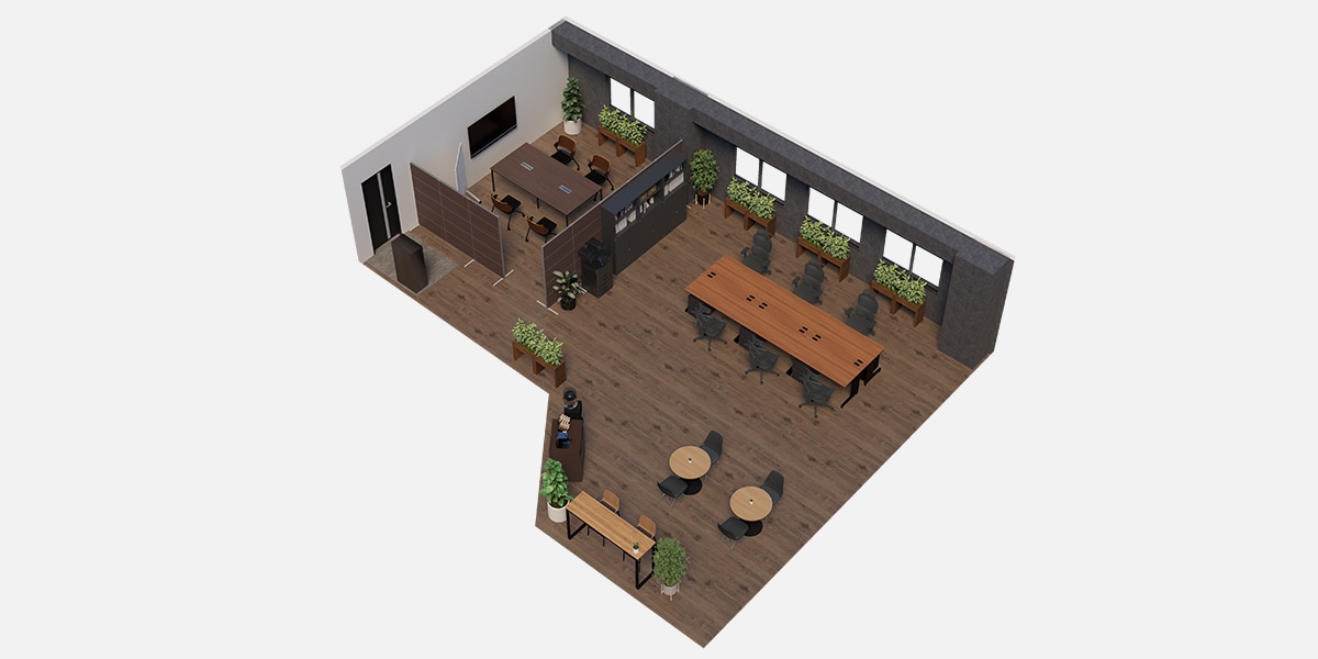 【約30坪・6人用】黒×木目でモダンにデザイン。のびのび働くゆとり設計の小規模オフィス