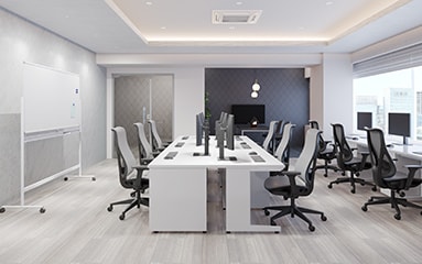 【約15坪・9人用】予算約70万円で快適さと美しさを両立。白を基調とした洗練オフィス