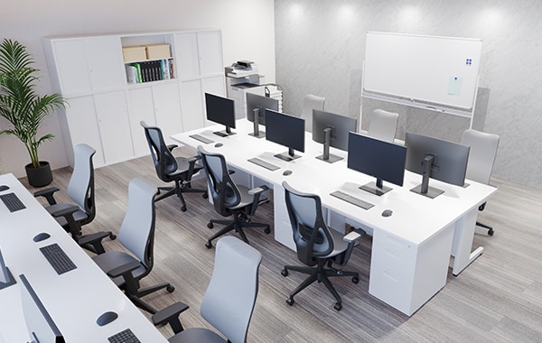 【約15坪・9人用】予算約70万円で快適さと美しさを両立。白を基調とした洗練オフィス