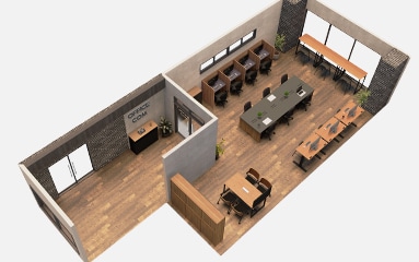 木目調でカフェ風にデザイン。おしゃれな小規模オフィスレイアウト