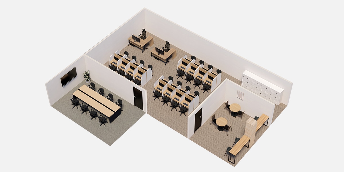 【約40坪・25人用】効率UPと快適さを追求したコールセンター型オフィスレイアウト