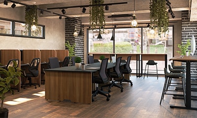 木目調家具でカフェ風にデザイン。おしゃれな小規模オフィスレイアウト